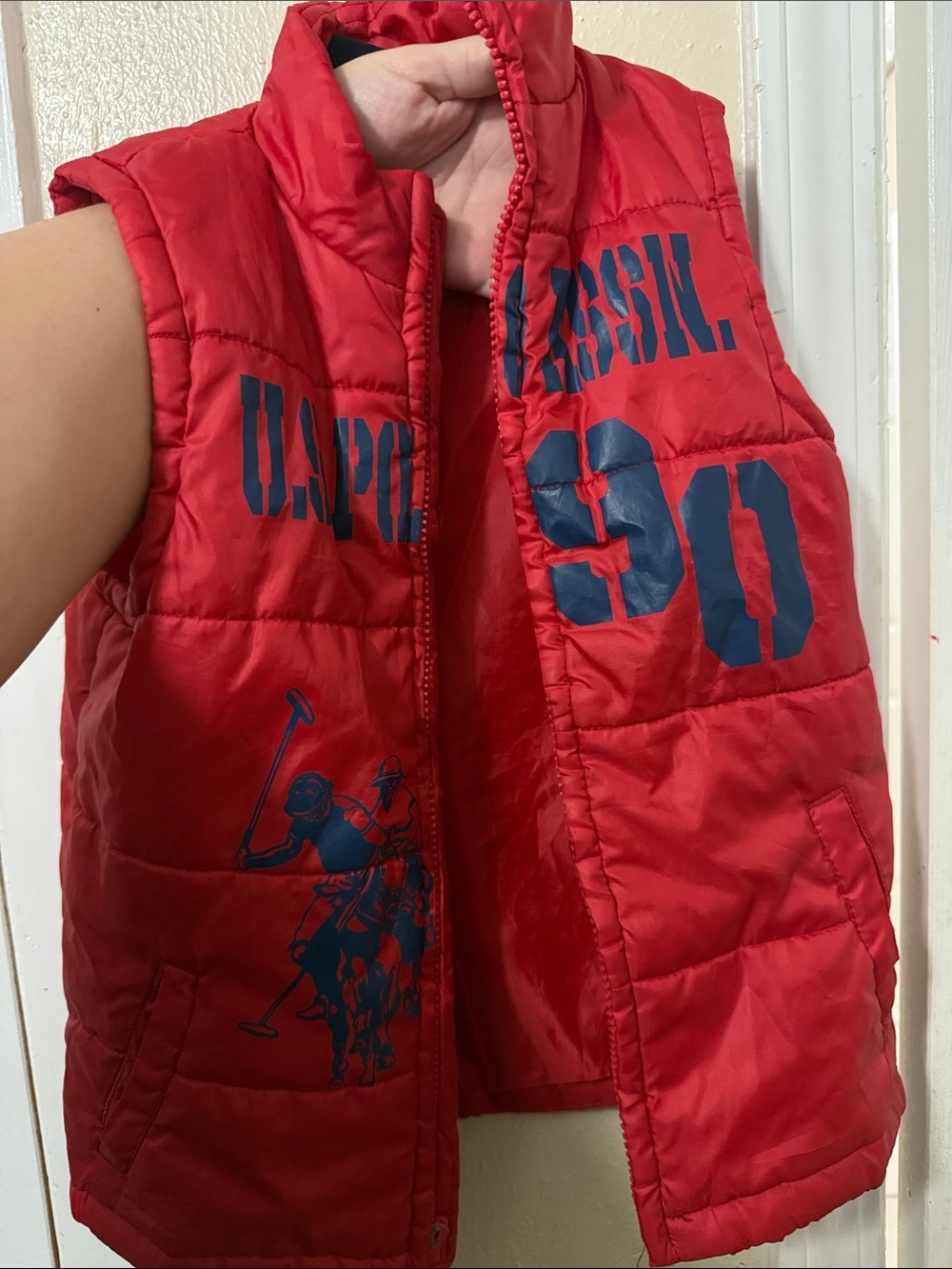 U.S. Polo Assn. Red Quilted Puffer Vest with Navy Graphics